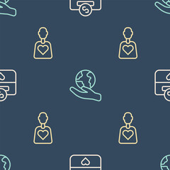 Set line Donation and charity, Volunteer and Hand holding Earth globe on seamless pattern. Vector