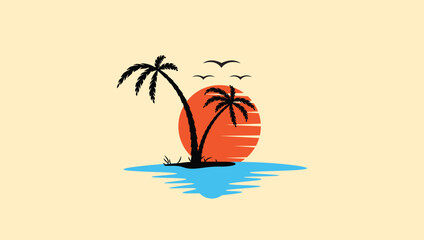 Vintage Retro sunset beach side Palm tree water reflection vector illustration.
