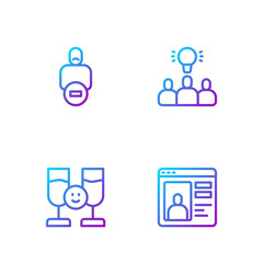 Set line Dating app online, Friends drinking alcohol, Loss of friend and Project team base. Gradient color icons. Vector