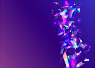 Carnival Confetti. Bright Foil. Iridescent Tinsel. Purple Laser Glare. Glitter Art. Bokeh Sparkles. Blur Multicolor Wallpaper. Retro Flyer. Blue Carnival Confetti