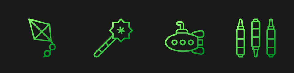 Set line Submarine toy, Kite, Magic wand and Marker pen. Gradient color icons. Vector