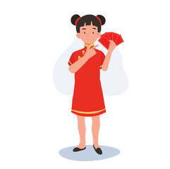 Happy Little Kid in Chinese Traditional Costume Pointing to Red Envelope, Lunar New Year Illustration