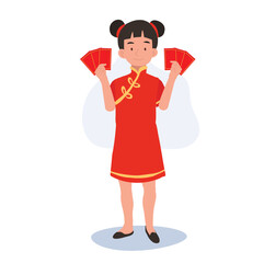 Cute Little Boy in Traditional Chinese Attire Holding Red Envelope. Happy Chinese new year.