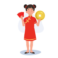 Happy Little Kid in Chinese Traditional Costume with Red Envelope and Gold Coin