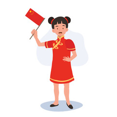 Joyful Kid in Chinese Traditional Costume with China Flag