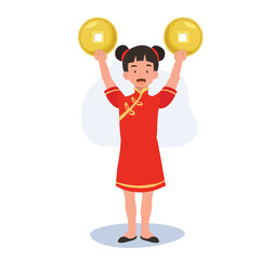 Happy Smiling little Child Celebrating Chinese New Year with Gold Coin.