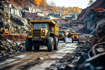 bulldozer trucks in the mine - obrazy, fototapety, plakaty