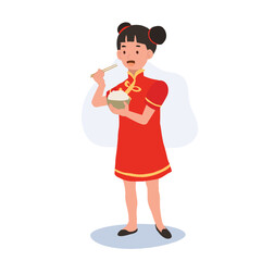 Happy Little Kid in Chinese Traditional Costume Eating Rice with Chopsticks. Chinese New Year Celebration