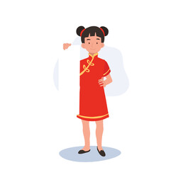 Happy Little Kid in Chinese Traditional Costume Holding Long Paper. Chinese New Year Celebration