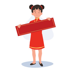 Happy Smiling cute little Child in Chinese Oriental Dress with Long Red Paper.