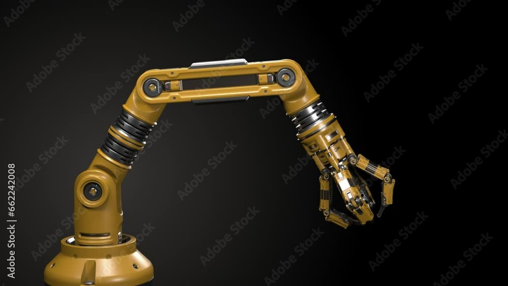 Poster robotic arm. yellow mechanical hand. industrial robot manipulator. futuristic industrial technology.