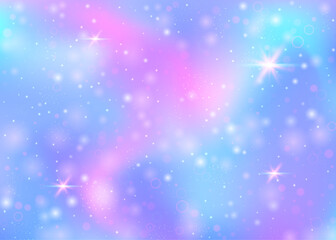 Fairy background with rainbow mesh.  Multicolor universe banner in princess colors. Fantasy gradient backdrop with hologram. Holographic fairy background with magic sparkles, stars and blurs.