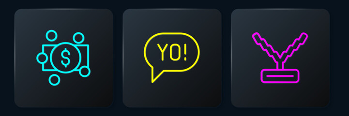 Set line Stacks paper money cash, Rapper chain and Yo slang lettering. Black square button. Vector