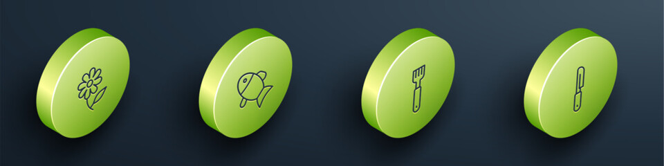 Set Isometric line Flower, Fish, Fork and Knife icon. Vector