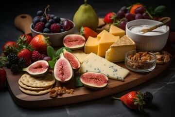 A romantic cheese platter featuring assorted snacks and fresh fruit. Generative AI
