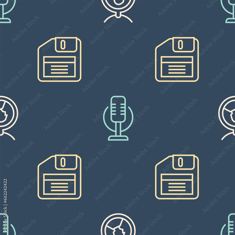 Poster set line locket on necklace, floppy disk and microphone on seamless pattern. vector