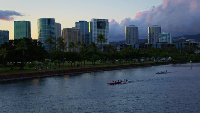 Silhouette of Honolulu And Rowing - Drone Shot