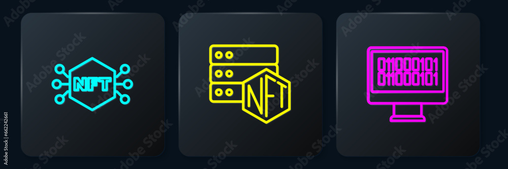 Poster set line nft digital crypto art, binary code and blockchain technology. black square button. vector
