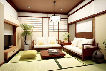 Naklejka na ściany i meble livingroom working area white and light wood tone interior house japanese style
