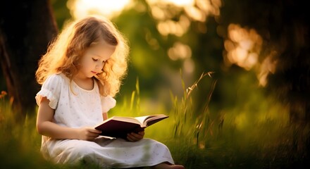 Little girl reading holy bible book in the green field at sunrise