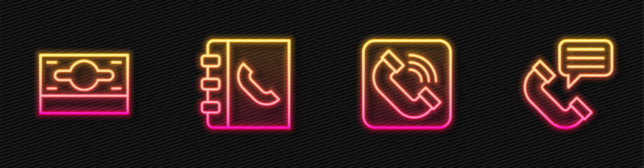 Set line Telephone handset, Stacks paper money cash, Phone book and conversation. Glowing neon icon. Vector