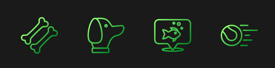 Set line Fish, Dog bone, and Pet toys ball. Gradient color icons. Vector