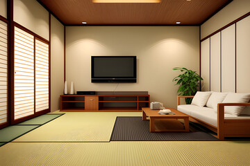 livingroom working area white and light wood tone interior house japanese style