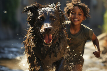 Close-up of a dog and a child running through a river splashing water.