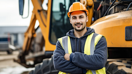 Construction worker near to backhoe looking at camera smiling.

 - obrazy, fototapety, plakaty