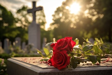 Red roses on a grave at a cemetery during the sunset with copy space - obrazy, fototapety, plakaty