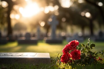 Red roses on a grave at a cemetery during the sunset with copy space - obrazy, fototapety, plakaty