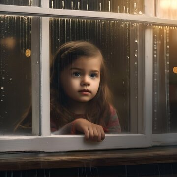 A Child Looking Through A Window At A Rainy Day, Face Pressed Against The Glass5