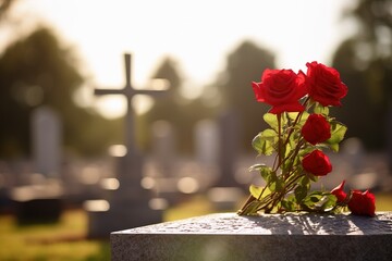 Red roses on a grave at a cemetery during the sunset with copy space