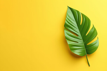 Green tropical leaf on a yellow background with copy space