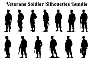 Veterans Army Silhouettes Vector in different positions, Soldier silhouettes collection for Veterans Day, Army soldier Profile silhouettes - obrazy, fototapety, plakaty
