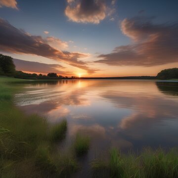 A serene sunset over a calm lake, evoking a sense of tranquility5