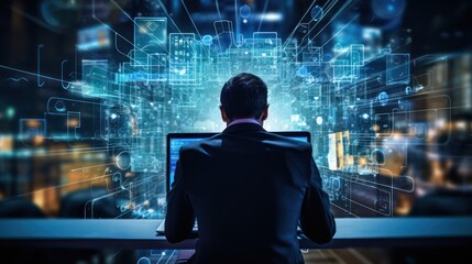 Businessman works on his laptop, surrounded by intricate technological graphs and data