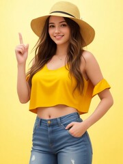 portrait of a woman in hat and wearing a yellow tank top.