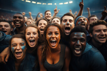 A group of male and female soccer fans tbefore match of their favorite team