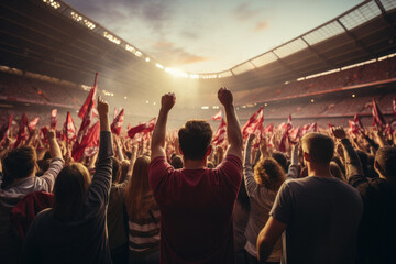 Crowd of football fans at the stadium, holding flags of their favorite teams - Powered by Adobe
