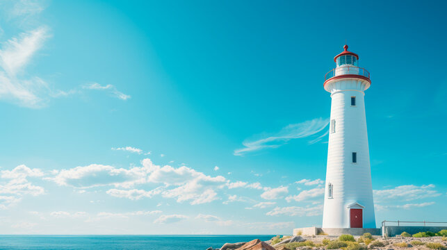 White lighthouse on sunny day with blue sky