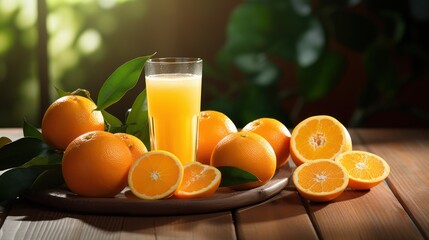 Naklejka premium Glass of fresh orange juice sits beside ripe oranges on a wooden table