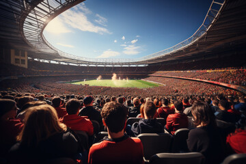 Crowd of football fans at stadium, cheering for game of their favorite teams
