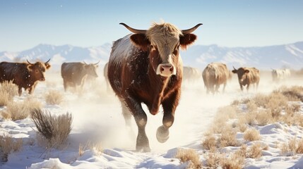 Cows and desert. Moving the herd to the winter feed lots. Frosty crystallized flakes of snow blowing around in the air. Generative AI