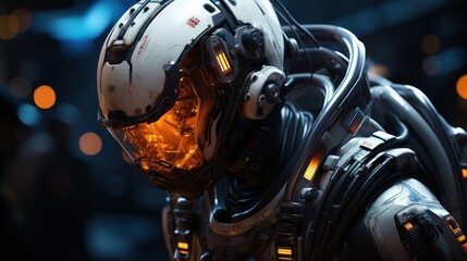 Fototapeta premium A close-up of one of the cyber engineers, their face covered in a helmet and their body encased in a protective suit. 