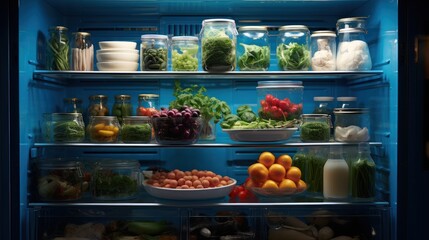Horizontal view of refrigerator shelves, brimming with an array of fresh foods, showcasing organized storage