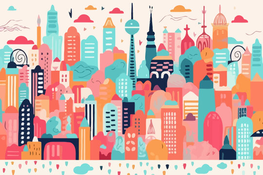 Shanghai skyline quirky doodle pattern, wallpaper, background, cartoon, vector, whimsical Illustration