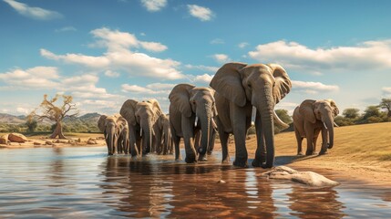 Fototapeta premium Tusks, Trunks, and Togetherness. The Wild Dance of Elephant Herds in Aquatic Delight. Generative AI