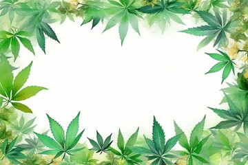 Fototapeta na wymiar White square frame with cannabis leaves. Watercolor illustration. Generative AI