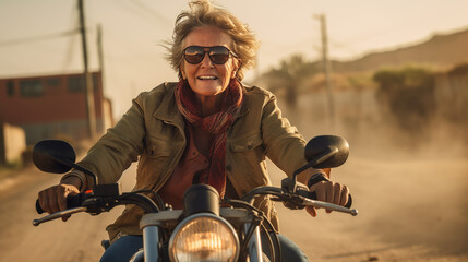 Happy Senior Woman in a Helmet Riding a Motorcycle - obrazy, fototapety, plakaty